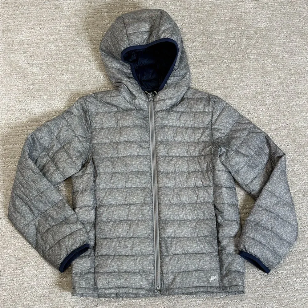 GAP Kids Primaloft Ligthweight Hooded Puffer Zip Jacket Boys Size XL Grey & Navy